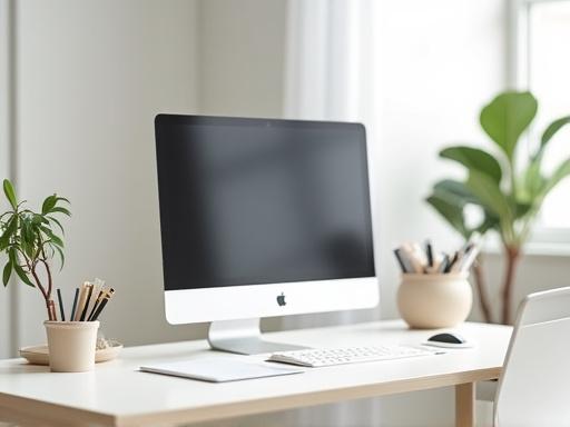 A perfectly organized and cleaned office desk with a computer and minimalist decor, ready for work