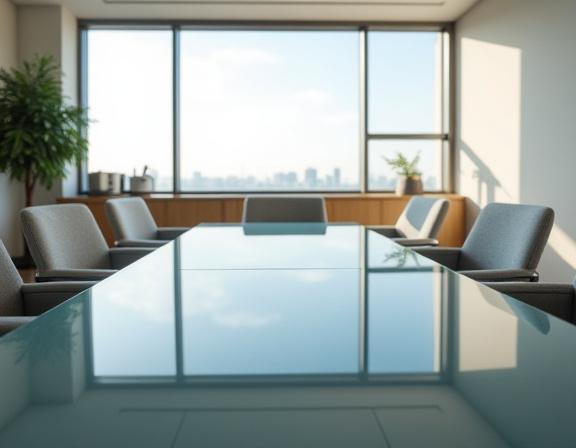 Clean small conference room with glass table reflecting the window light